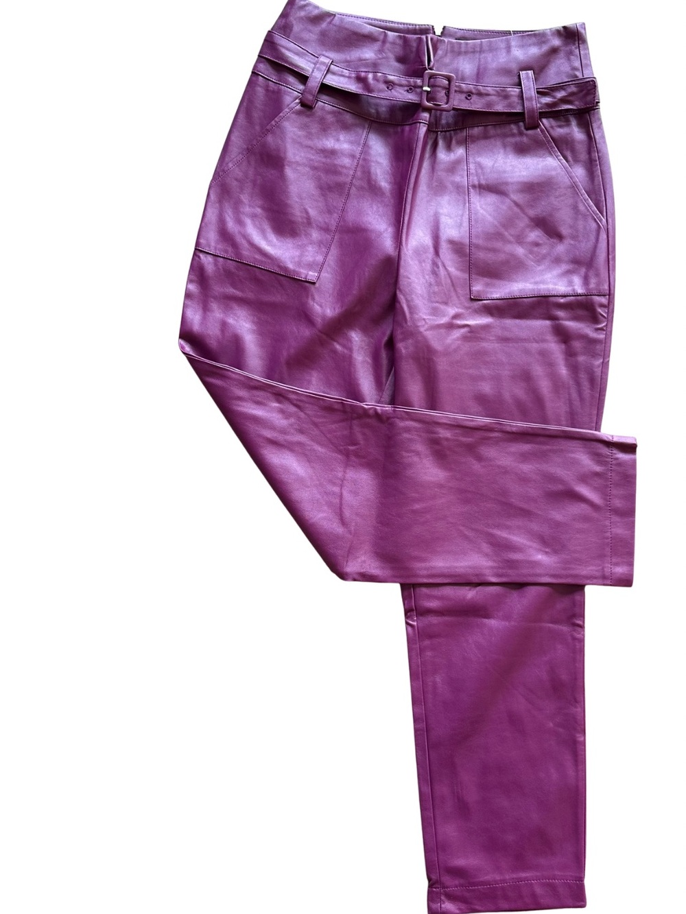New York & Company Faux Leather Pants Purple High Rise Belted Straight Leg Sz 10